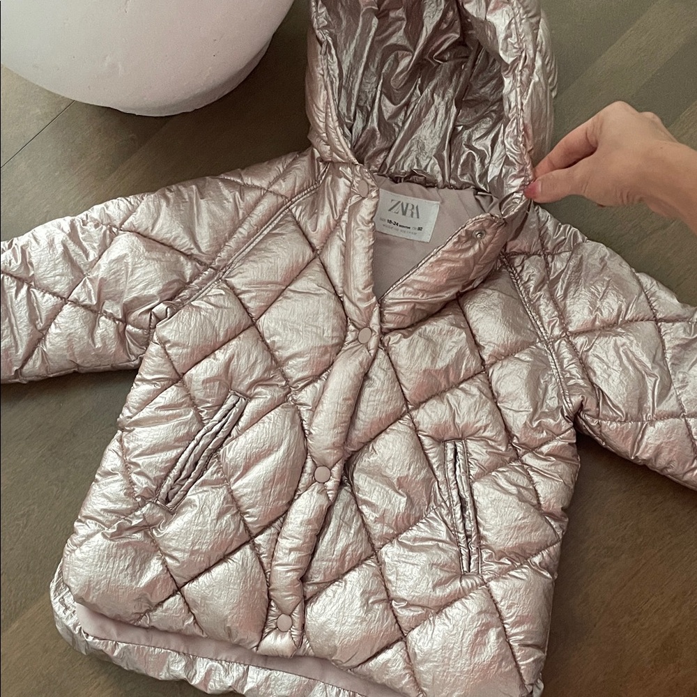 Zara Metallic Silver Quilted Hooded Jacket